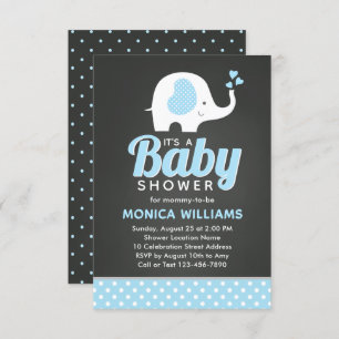 Cute Blue Black Chalkboard Elephant Baby shower Kaart