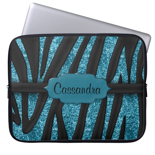 Cute Blue Black Glittery Zebra Striped Print Laptop Sleeve (Voorkant)