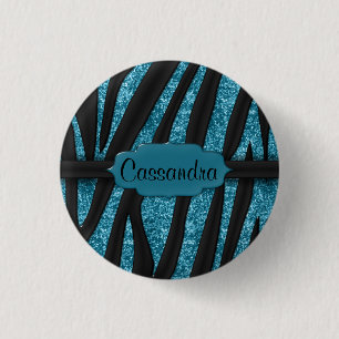 Cute Blue Black Glittery Zebra Striped Print Ronde Button 3,2 Cm