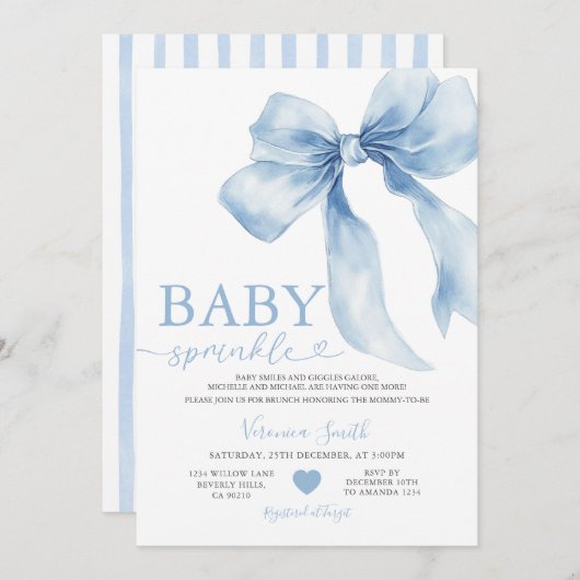 Cute Blue Bow Coquette Baby Sprinkle Baby Shower Kaart (Voorkant / Achterkant)