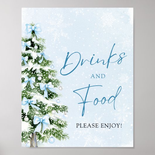 Cute Blue Bows Christmas Tree Food and Drinks Poster (Voorkant)