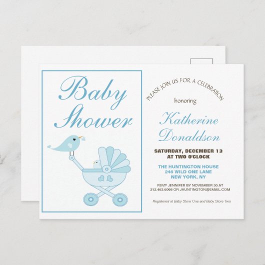 Cute Blue Boy Baby shower Invitation Briefkaart (Voorkant / Achterkant)