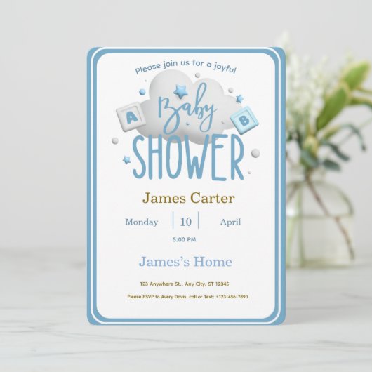 Cute Blue Boy Baby Shower Invitation Kaart (Staand voorkant)