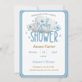 Cute Blue Boy Baby Shower Invitation Kaart (Voorkant)