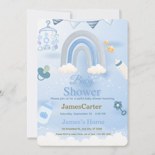 Cute Blue Boy Baby Shower Invitation Kaart (Voorkant)