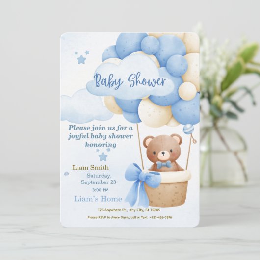 Cute Blue Boy Baby Shower Invitation Kaart (Staand voorkant)