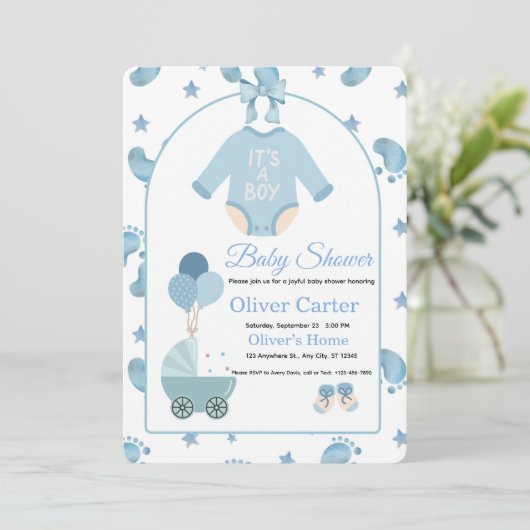 Cute Blue Boy Baby Shower Invitation Kaart (Staand voorkant)