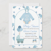 Cute Blue Boy Baby Shower Invitation Kaart (Voorkant)