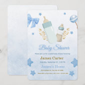 Cute Blue Boy Baby Shower Invitation Kaart (Voorkant / Achterkant)