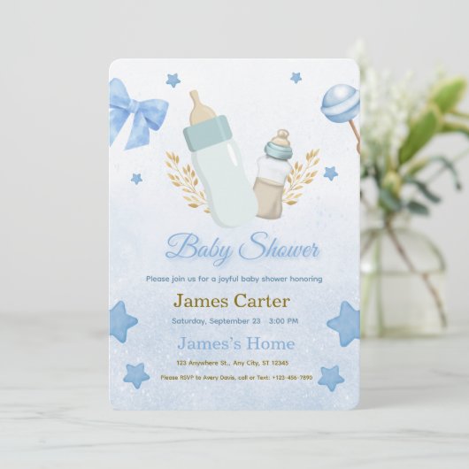 Cute Blue Boy Baby Shower Invitation Kaart (Staand voorkant)