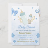Cute Blue Boy Baby Shower Invitation Kaart (Voorkant)