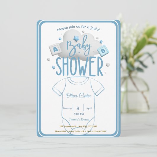 Cute Blue Boy Baby Shower Invitation Kaart (Staand voorkant)