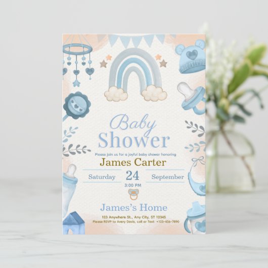 Cute Blue Boy Baby Shower Invitation Kaart (Staand voorkant)