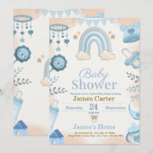 Cute Blue Boy Baby Shower Invitation Kaart (Voorkant / Achterkant)