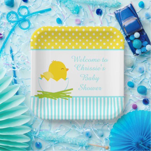 Cute Blue Boy Chick Baby shower Party Papieren Bordje (Feest)