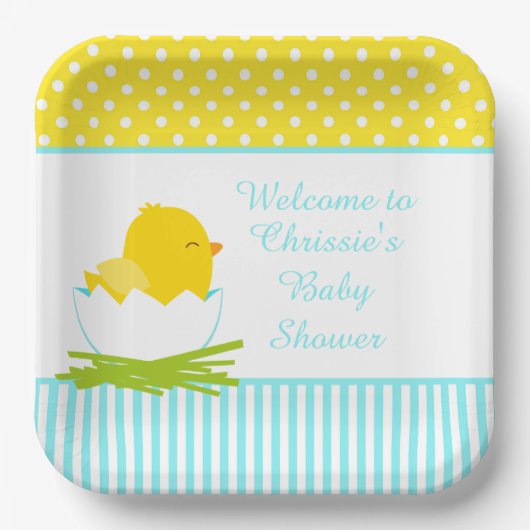 Cute Blue Boy Chick Baby shower Party Papieren Bordje (Voorkant)