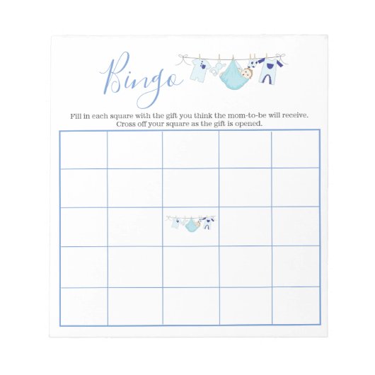 Cute Blue Boy Clothesline Baby shower Bingo Game Notitieblok (Voorkant)