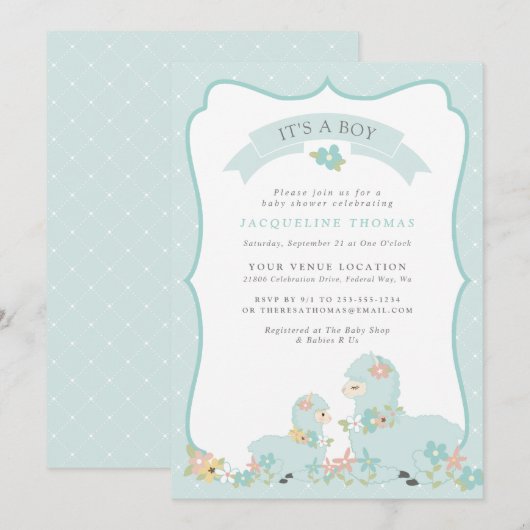 Cute Blue Boy Llama Baby shower Kaart (Voorkant / Achterkant)