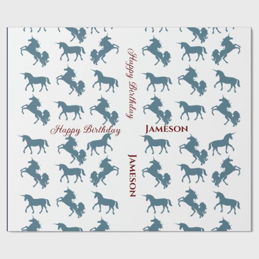 Cute Blue Boys Name Birthday Unicorn Pattern Cadeaupapier (Vlak)