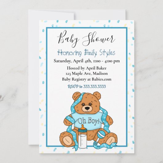 Cute Blue Boy's Teddy Bear Baby shower Invitation Kaart (Voorkant)