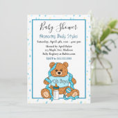 Cute Blue Boy's Teddy Bear Baby shower Invitation Kaart (Staand voorkant)
