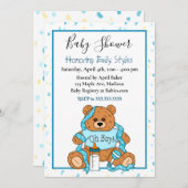 Cute Blue Boy's Teddy Bear Baby shower Invitation Kaart (Voorkant / Achterkant)