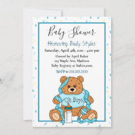 Cute Blue Boy's Teddy Bear Baby shower Invitation Kaart