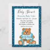 Cute Blue Boy's Teddy Bear Baby shower Invitation Kaart (Voorkant)