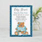 Cute Blue Boy's Teddy Bear Baby shower Invitation Kaart (Staand voorkant)