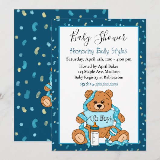 Cute Blue Boy's Teddy Bear Baby shower Invitation Kaart (Voorkant / Achterkant)