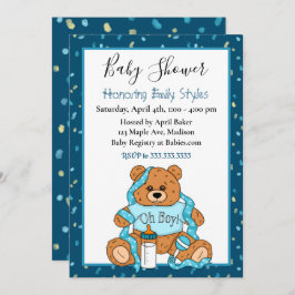 Cute Blue Boy's Teddy Bear Baby shower Invitation Kaart