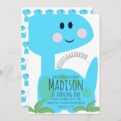 Cute Blue Bright Dinosaur Birthday Uitnodiging (Voorkant / Achterkant)