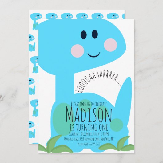 Cute Blue Bright Dinosaur Birthday Uitnodiging (Voorkant / Achterkant)