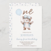 Cute Blue Brown Beary First Birthday Bear Birthday Kaart (Voorkant / Achterkant)