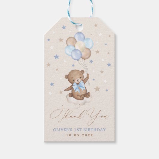Cute Blue Brown Beer ballonnen Birthday Dank je Cadeaulabel (Voorkant)