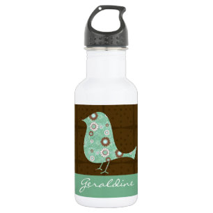 Cute Blue/Brown Pattern Bird Persoonlijke naam Waterfles