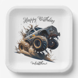 Cute Blue Brown Race Monster Truck Kinderen Birthd Papieren Bordje