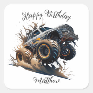 Cute Blue Brown Race Monster Truck Kinderen Birthd Vierkante Sticker
