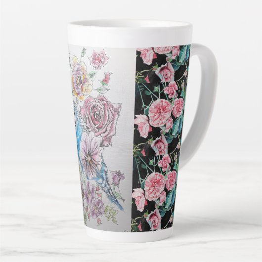 Cute Blue Budgie en Rozen Waterverf Latte Mok (Rechterhoek)