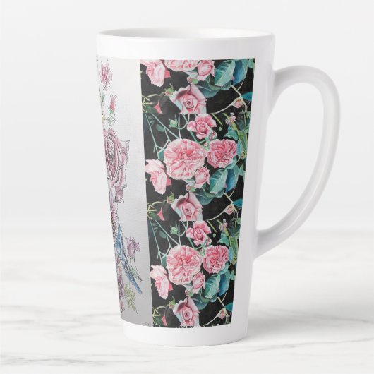 Cute Blue Budgie en Rozen Waterverf Latte Mok (Rechts)