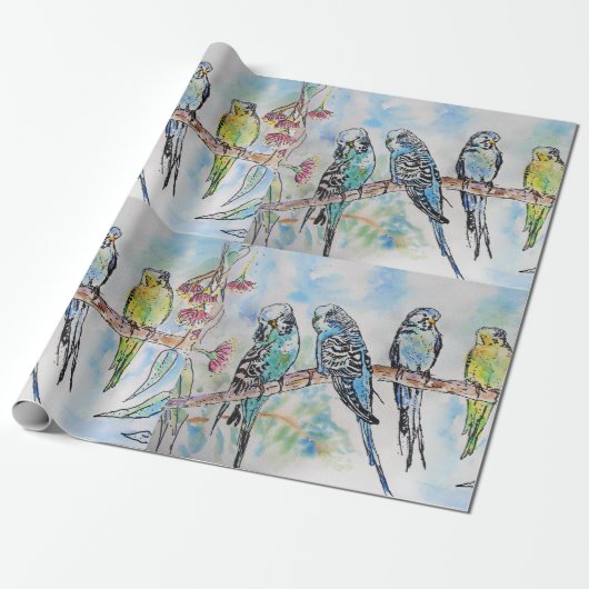 Cute Blue Budgie Waterverf Wrapping Cadeaupapier (Uitgerold)