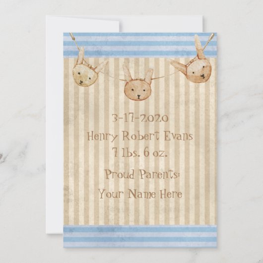 Cute Blue Bunny Baby Birth Aankondiging (Achterkant)
