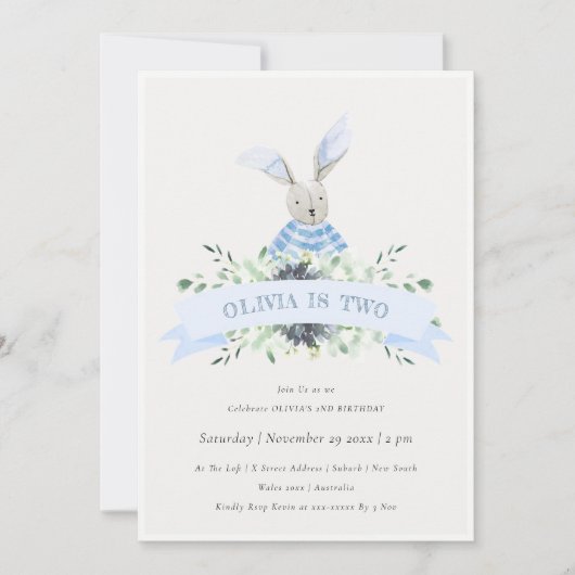 Cute Blue Bunny Foliage Any Age Birthday Invite Bedankkaart (Voorkant)
