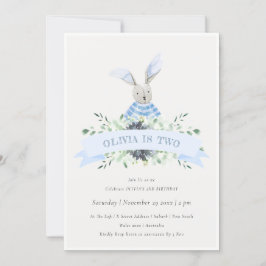Cute Blue Bunny Foliage Any Age Birthday Invite Bedankkaart