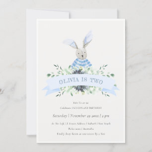 Cute Blue Bunny Foliage Any Age Birthday Invite Bedankkaart