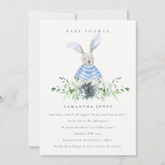 Cute Blue Bunny Garden Foliage Baby shower Invite Bedankkaart (Voorkant)