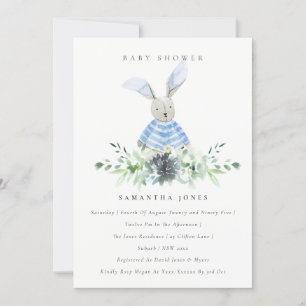 Cute Blue Bunny Garden Foliage Baby shower Invite Bedankkaart