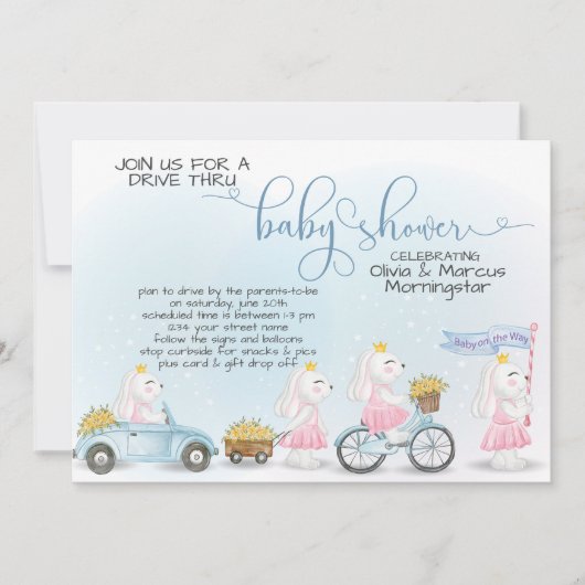 Cute Blue Bunny Parade Drive Thru Baby shower Kaart (Voorkant)
