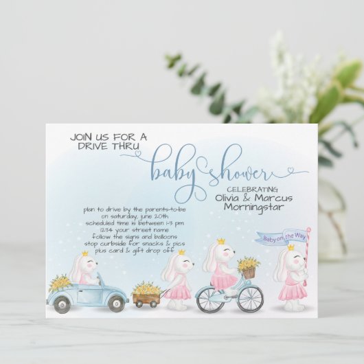 Cute Blue Bunny Parade Drive Thru Baby shower Kaart (Staand voorkant)