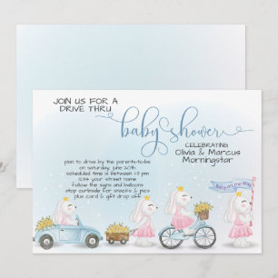 Cute Blue Bunny Parade Drive Thru Baby shower Kaart